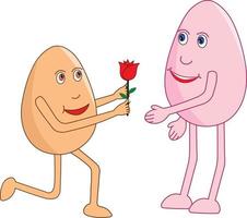 cartone animato romantico dell'uovo in ginocchio che dà una rosa al suo bellissimo San Valentino il giorno della rosa. illustrazione vettoriale. vettore