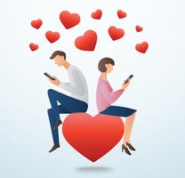 uomo e donna che per mezzo dello smartphone e sedendosi sul cuore rosso con molti cuori, concetto di amore online vettore