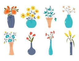 set di fiori selvatici e da giardino in vaso. illustrazione vettoriale piatta