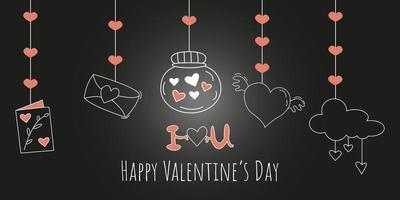 sfondo di festa di san valentino con elementi di design d'amore. illustrazione di doodle di vettore isolata su sfondo nero