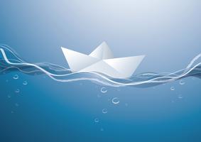 barca di carta sulle onde, barca di carta che naviga sulla superficie dell&#39;acqua blu vettore