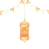 lanterne ramadan kareem appese con decorazioni a ghirlanda, lanterne dorate appese su sfondo bianco vettore