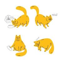 gatto scontento si chiede dove sia il suo cibo, miagola, chiede il suo cibo, dorme. set di illustrazione vettoriale per animali domestici isolato su sfondo bianco. semplice stile doodle cartone animato. divertente animale domestico paffuto.