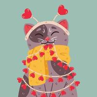 gatto con cuoricini in testa, sciarpa calda, ghirlanda di lampadine. biglietto di auguri di san valentino 14 febbraio. illustrazione vettoriale carino isolato su sfondo. poster romantico con gattino domestico.