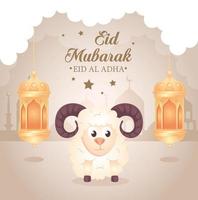 eid al adha mubarak, festa del sacrificio felice, capra con lanterne appese vettore