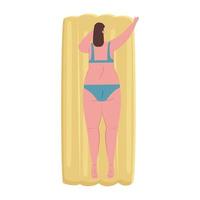 carina donna grassoccia con la schiena sdraiata su un galleggiante gonfiabile con costume da bagno di colore blu vettore