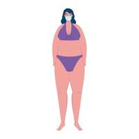 carina donna grassoccia in costume da bagno di colore viola, che indossa una maschera medica, covid 19 vacanze estive vettore