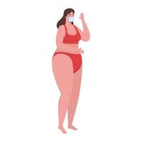 carina donna grassoccia in costume da bagno di colore rosso, che indossa una maschera medica, covid 19 vacanze estive vettore