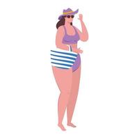carina donna grassoccia in costume da bagno di colore viola, con accessori estivi su sfondo bianco vettore