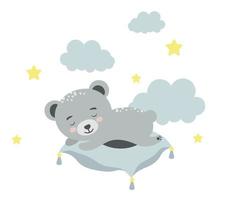 simpatico orso che dorme sul cuscino. illustrazione del concetto di animale del bambino per la scuola materna, personaggio per bambini. vettore