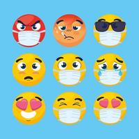 impostare emoji indossando maschera medica, facce emoji indossando icone maschera chirurgica vettore