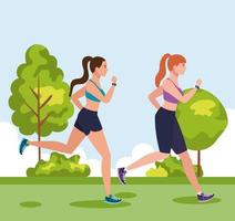 donne che fanno jogging all'aperto, donne che corrono nel parco, donne di gruppo in abbigliamento sportivo che fanno jogging nella natura vettore