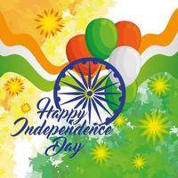 felice giorno dell'indipendenza indiana, ashoka chakra con palloncini elio e bandiera vettore