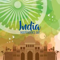 felice festa dell'indipendenza indiana con taj mahal, monumento tradizionale e decorazione vettore