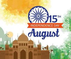 festa dell'indipendenza indiana felice, celebrazione 15 agosto, con taj mahal e decorazioni vettore