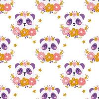 faccia di panda carino con fiori su sfondo bianco, motivo vettoriale senza cuciture in stile piatto disegnato a mano