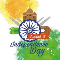 felice festa dell'indipendenza indiana, celebrazione 15 agosto, con ashoka chakra e monumenti tradizionali vettore