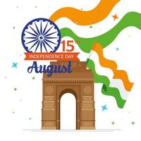 felice festa dell'indipendenza indiana, celebrazione del 15 agosto, con monumento al cancello e bandiere dell'india vettore