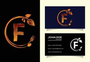 alfabeto del monogramma iniziale f con una forchetta, un cucchiaio e una foglia. logo di cibo naturale sano. logo per caffè