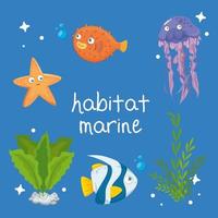 habitat marino, animali nell'oceano, abitanti del mondo marino, simpatiche creature sottomarine, fauna sottomarina vettore