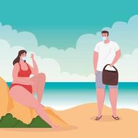 distanza sociale sulla spiaggia, coppia che indossa una maschera medica, mantenere le distanze, nuovo concetto di spiaggia estiva normale dopo coronavirus o covid 19 vettore