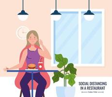 distanza sociale nel ristorante di nuova concezione, donna a tavola, protezione, prevenzione del coronavirus covid 19 vettore