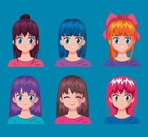 sei personaggi di anime di ragazze vettore
