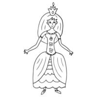 doodle felice principessa fata isolato su sfondo bianco. bellissimo vestito storico. giovane donna con corona. vettore