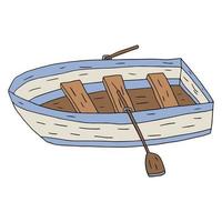 barca di legno lineare di doodle del fumetto con le pagaie isolate su fondo bianco. vettore