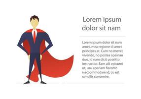 design del personaggio piatto del supereroe. uomo d'affari. uomo forte in mantello rosso in piedi in posa sicura. illustrazione vettoriale isolato