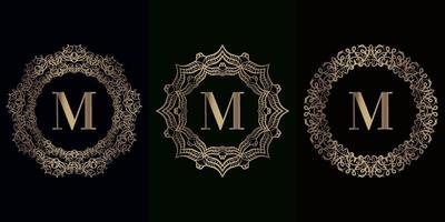 collezione di logo iniziale m con cornice di ornamento mandala di lussocornice di ornamento mandala di lusso vettore