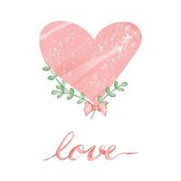 vettore - pittura ad acquerello digitale di palloncino cuore rosa con foglie verdi e lettering amore.