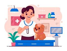 medico veterinario femminile che esamina la salute di un cane vettore