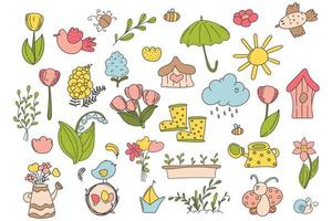 collezione di doodle primaverili e pasquali, fiori e decorazioni. primavera pasquale con graziose uova, uccelli, api, farfalle. illustrazione vettoriale disegnata a mano.