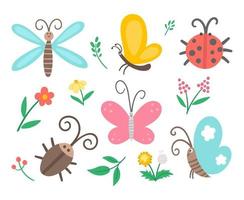 pacchetto di icone vettoriali insetto piatto e primo fiore. divertente collezione di giardini primaverili. coccinella carina, farfalla, scarabeo, illustrazione di dente di leone per bambini isolati su sfondo bianco. insetti e piante impostate