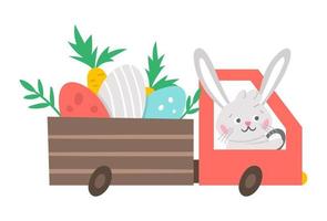 vettore icona del camion di Pasqua con uova e carote colorate. coniglietto alla guida di un'auto con regali di vacanza isolati su sfondo bianco. carino adorabile coniglio primaverile illustrazione per bambini.