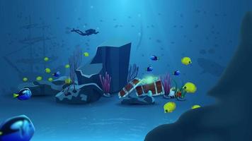 mondo sottomarino, illustrazione vettoriale con pesce giallo, pesce azzurro, roccia, stelle marine, perle, subacqueo e scrigno del tesoro