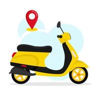 scooter giallo con geotag. servizio di consegna a domicilio per ordini online. illustrazione vettoriale per siti Web, app mobili, banner e poster.