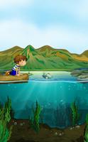 Scena della natura con ragazzo e pesce vettore