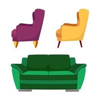 una serie di mobili divano verde e poltrone isolate su uno sfondo bianco. vettore
