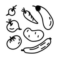 illustrazione vettoriale di un insieme di verdure nere in stile doodle su uno sfondo bianco isolato