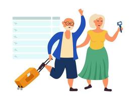 anziani nonni viaggi e blog. pensionati in aeroporto. illustrazione vettoriale isolato su uno sfondo bianco.