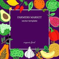 illustrazione piatta vettoriale per la festa del raccolto. modello promozionale con un posto per il testo con frutta e verdura nel mercato contadino