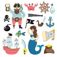 collezione per bambini sul tema dei pirati e delle avventure con un pirata, una sirena, una nave e animali marini vettore