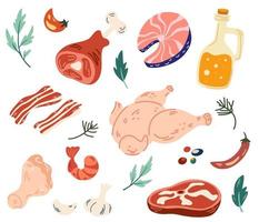 carni varie. cucinare gli ingredienti del cibo. carne, pesce, pollo, spezie. tritare, cosce di pollo, burro, aglio e pepe. perfetto per ristorante, menu e stampa. illustrazione del fumetto di vettore