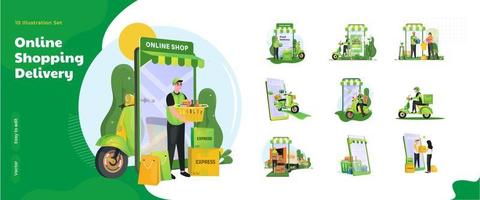 insieme della raccolta dell'illustrazione dei servizi di consegna dello shopping online vettore
