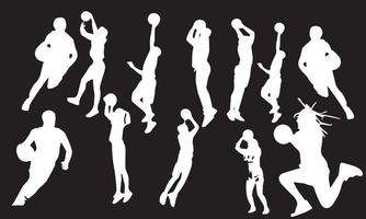 set vettoriale di sagome di giocatori di basket, sagome di basket sfondo bianco e nero