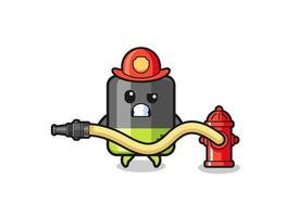 cartone animato della batteria come mascotte del pompiere con tubo dell'acqua vettore