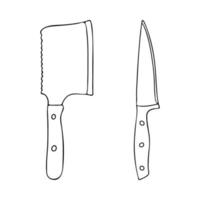 un set di coltelli da cucina.il versatile coltello da chef e un'ascia.utensili da cucina disegnati nello stile doodle.immagine in bianco e nero.monocromatico.illustrazione vettoriale
