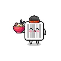 codice a barre come mascotte del cuoco unico cinese che tiene una ciotola di noodle vettore